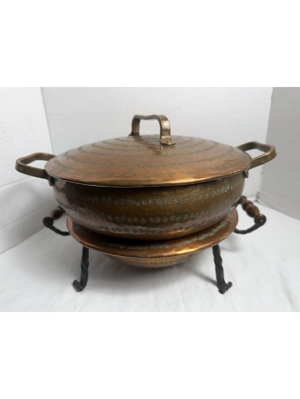 Antique Persian Ghalamzani Hand-Hammered Copper Chafing Dish Food Warmer Set